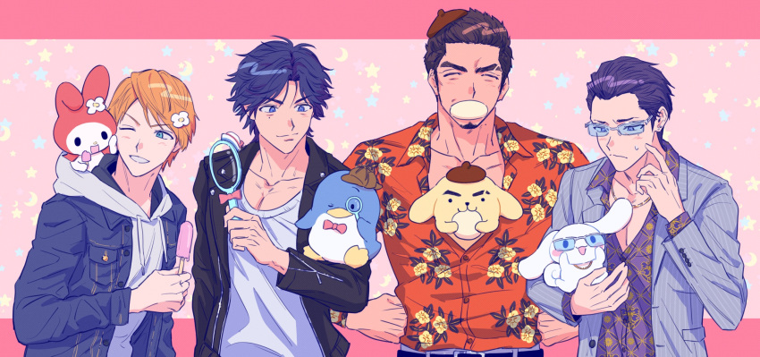 4boys animal bird black_hair black_jacket blue_eyes blue_jacket brown_headwear bunny cinnamoroll closed_eyes closed_mouth collarbone collared_shirt crossover dog dress_shirt eating eyebrow_cut facial_hair flower food glasses goatee grey_jacket hair_flower hair_ornament hat higashi_tooru highres holding holding_food holding_magnifying_glass hood hood_down hoodie jacket judge_eyes kaito_masaharu long_sleeves magnifying_glass male_focus mole mole_under_eye multiple_boys my_melody one_eye_closed onegai_my_melody orange_hair orange_shirt partially_unbuttoned penguin pink_background pinstripe_pattern pochacco popsicle purple_shirt sanrio shirt short_hair smile striped sugiura_fumiya sweatdrop tuxedo_sam upper_body v-shaped_eyebrows white_hoodie white_shirt yagami_takayuki yakumo_(ykm) yawning