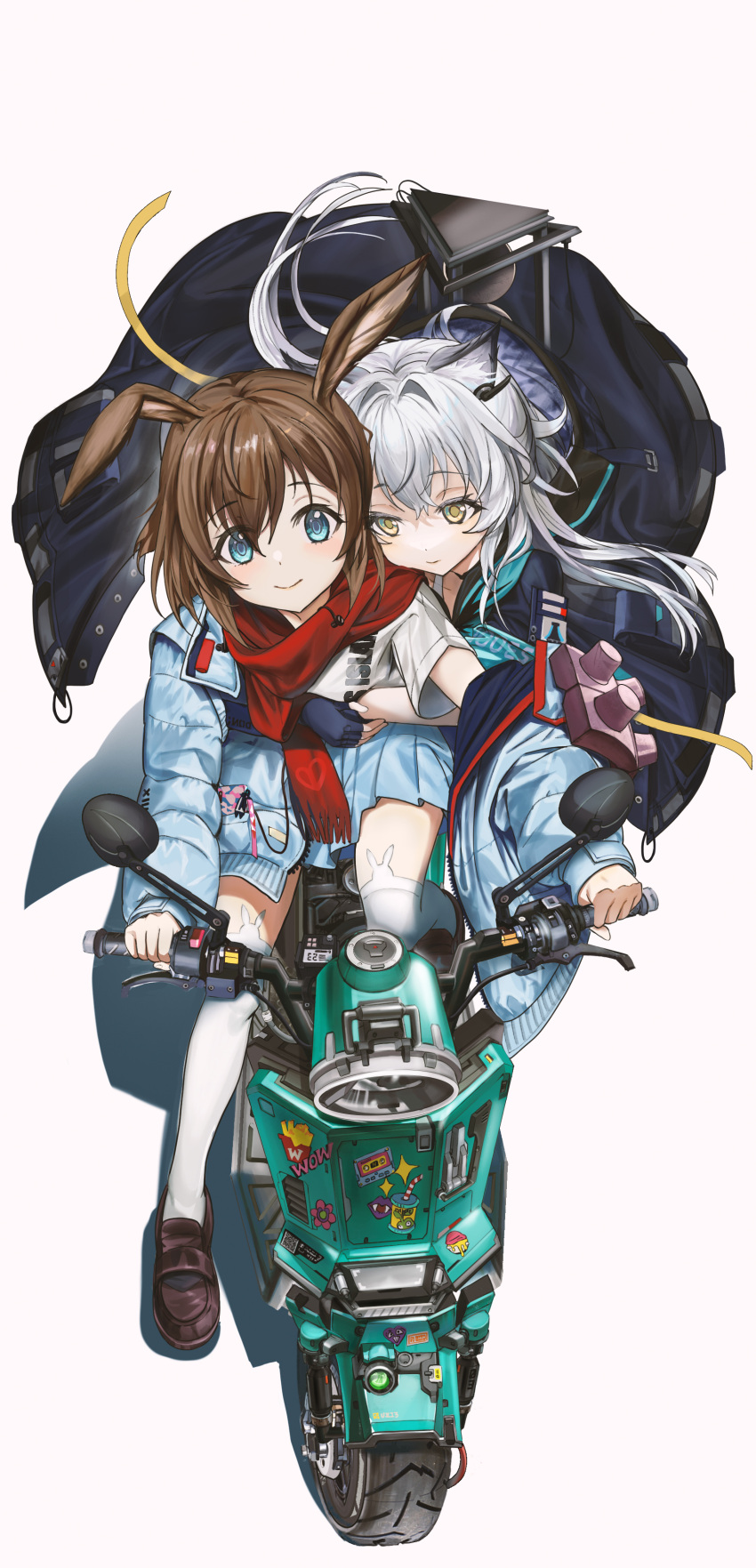 2girls absurdres amiya_(arknights) amiya_(fresh_fastener)_(arknights) animal_ears arknights bangs blue_eyes blush brown_hair cat_ears cat_girl cloak closed_mouth commentary_request earpiece eyebrows_visible_through_hair fingerless_gloves gloves green_eyes ground_vehicle highres hood hood_down hooded_cloak hug hug_from_behind jacket loafers long_hair miniskirt motor_vehicle motorcycle multiple_girls official_alternate_costume rabbit_ears rabbit_girl red_scarf rhodes_island_logo riding rosmontis_(arknights) scarf shoes silver_hair simple_background skirt thighhighs veerinly white_background