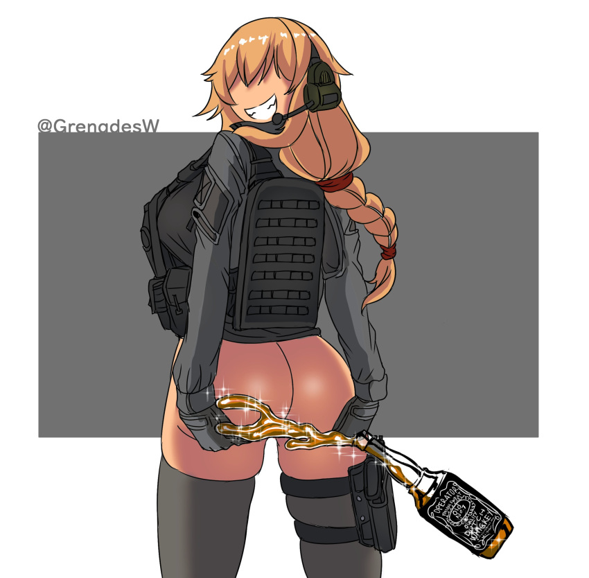 absurdres alcohol ass blonde_hair body_armor braid braided_ponytail convenient_censoring earphones gloves grey_jacket highres holster holstered_weapon invader jacket load_bearing_vest military_operator original plate_carrier presenting tactical_clothes thigh_strap thighhighs whiskey whiskey_project