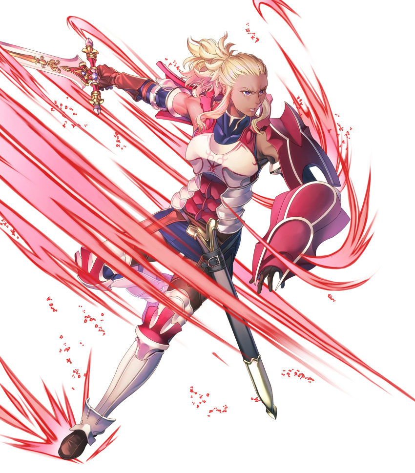 1girl armor armored_boots bare_shoulders blonde_hair boots breastplate covered_collarbone dark_skin dress elbow_pads fire_emblem fire_emblem_awakening fire_emblem_heroes flavia_(fire_emblem) gloves highres holding holding_sword holding_weapon leg_up lips long_hair looking_away official_art parted_lips purple_eyes sheath short_dress shoulder_armor sidelocks skirt sleeveless solo sword thighhighs tied_hair transparent_background turtleneck weapon yoneko_okome zettai_ryouiki