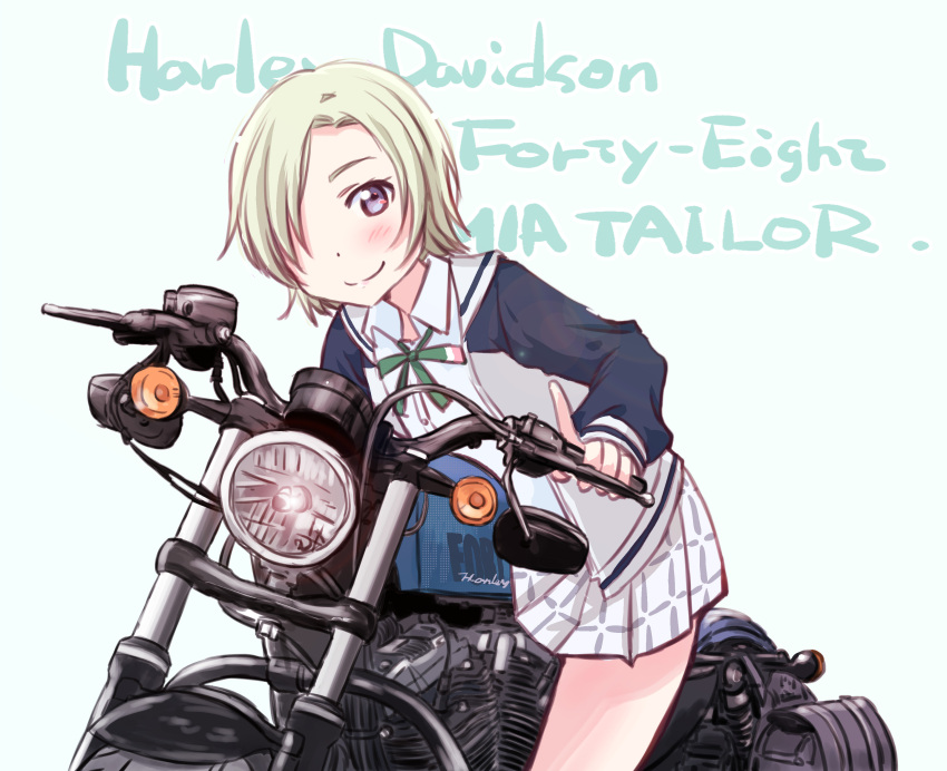 1girl absurdres bangs birthday blonde_hair character_name commentary_request english_text ground_vehicle highres jacket looking_at_viewer love_live! love_live!_nijigasaki_high_school_idol_club love_live!_school_idol_festival_all_stars maruyo mia_taylor motor_vehicle motorcycle purple_eyes riding short_hair smile solo