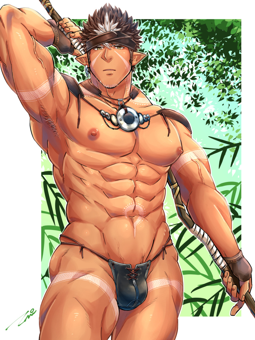 1boy abs arm_tattoo armpits bara brown_hair bulge dark-skinned_male dark_skin facial_hair goatee headband highres jewelry large_pectorals long_sideburns looking_at_viewer male_focus muscular muscular_male navel necklace nipples pectorals pointy_ears sideburns simple_background solo spiked_hair stomach_tattoo tangaroa_(housamo) tattoo tepen_(tptptpn) tokyo_afterschool_summoners white_hair yellow_eyes