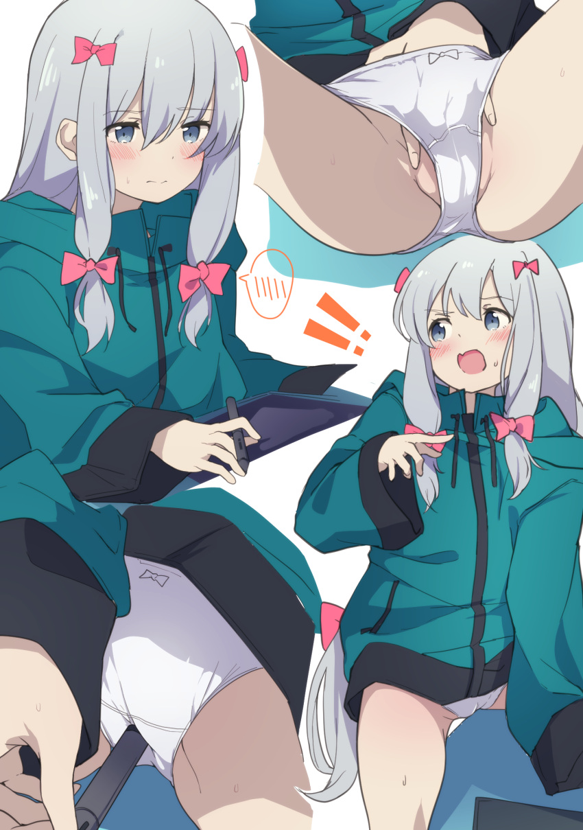 ! !! 1girl blue_eyes blush bow bow_panties clothed_masturbation drawing_tablet embarrassed eromanga_sensei green_jacket grey_hair hair_bow highres holding holding_pen izumi_sagiri jacket legs_apart long_hair low-tied_long_hair masturbation masturbation_through_clothing multiple_views open_mouth panties pen pink_bow sidelocks simple_background sitting sleeves_past_wrists spread_legs suwakana table underwear white_background white_panties wide_sleeves wide_spread_legs