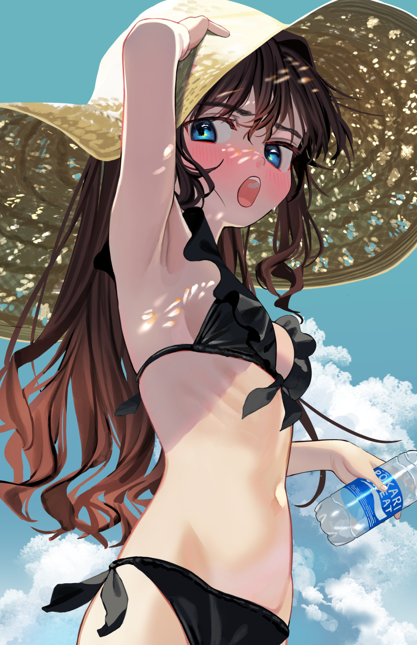 1girl absurdres arm_up armpits bare_arms bare_shoulders bikini black_bikini blue_eyes blue_sky blush bottle brand_name_imitation breasts brown_hair cloud commentary cowboy_shot day elisia_valfelto frilled_bikini frills front-tie_bikini front-tie_top hair_intakes halterneck hand_on_headwear hat highres holding holding_bottle long_hair looking_at_viewer luicent navel open_mouth original outdoors pocari_sweat side-tie_bikini sky small_breasts solo stomach straw_hat string_bikini sun_hat sunlight swimsuit teeth upper_teeth water_bottle