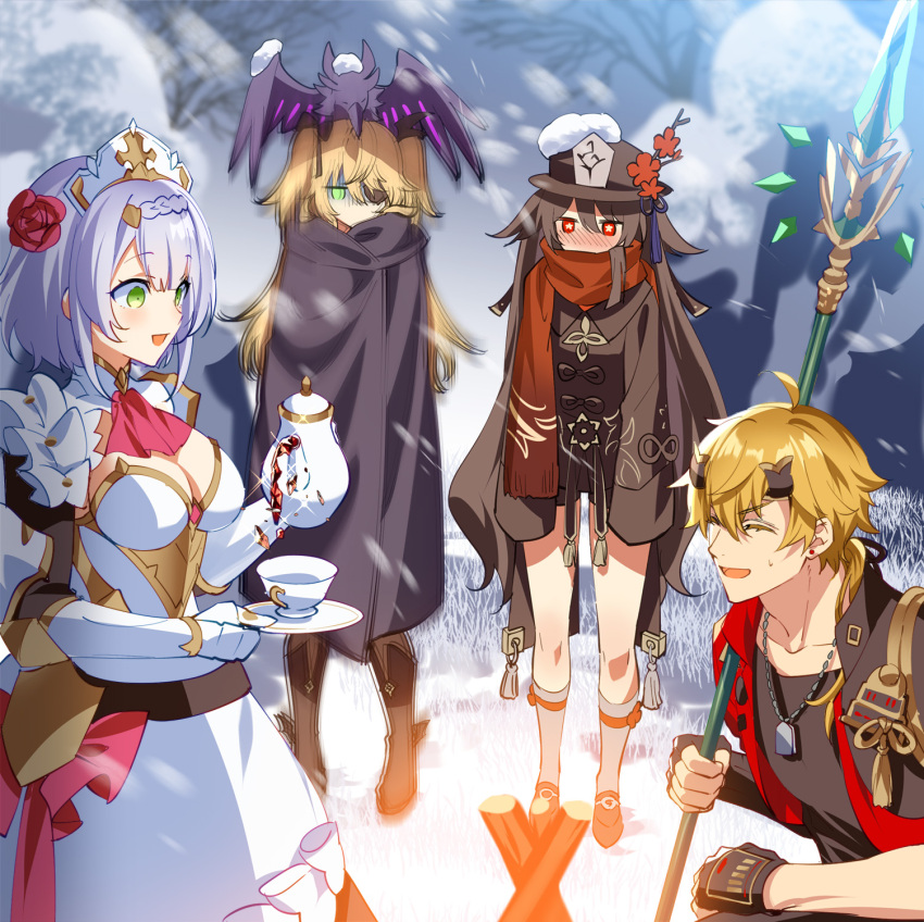 1boy 3girls animal_on_head apron armor bangs bird bird_on_head blonde_hair blush braid breasts cape cleavage closed_eyes covered_mouth cup earrings eyepatch fire fischl_(genshin_impact) flower-shaped_pupils genshin_impact green_eyes hat highres holding holding_staff hu_tao_(genshin_impact) jewelry large_breasts maid maid_apron mountain multiple_girls murakami_yuichi necklace noelle_(genshin_impact) on_head open_mouth outdoors oz_(genshin_impact) pouring red_eyes red_scarf scarf short_hair silver_hair snow socks squatting staff standing star-shaped_pupils star_(symbol) sweatdrop symbol-shaped_pupils teacup teapot thighs thoma_(genshin_impact) tree two_side_up wide_sleeves