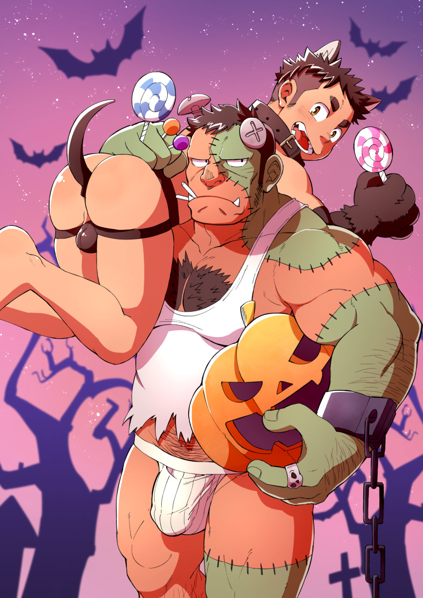 2boys anal_tail animal_ears animal_hands arm_hair bara bare_arms bat belly body_fur brown_male_underwear bulge candy carrying_over_shoulder chest_hair colored_skin cosplay ei_(marutendon) fake_tail fang feet_out_of_frame food frankenstein's_monster frankenstein's_monster_(cosplay) green_skin halloween highres holding holding_candy holding_food jack-o'-lantern jockstrap large_pectorals long_sideburns male_focus male_pubic_hair male_underwear mature_male monster_boy multicolored_skin multiple_boys muscular muscular_male navel_hair no_pants original pectoral_cleavage pectorals plump pubic_hair pubic_hair_peek red_skin shirt short_hair sideburns sidepec size_difference stitches striped tail tank_top thick_thighs thighs torn_clothes torn_shirt two-tone_skin undercut underwear walking white_male_underwear white_tank_top wolf_ears wolf_tail