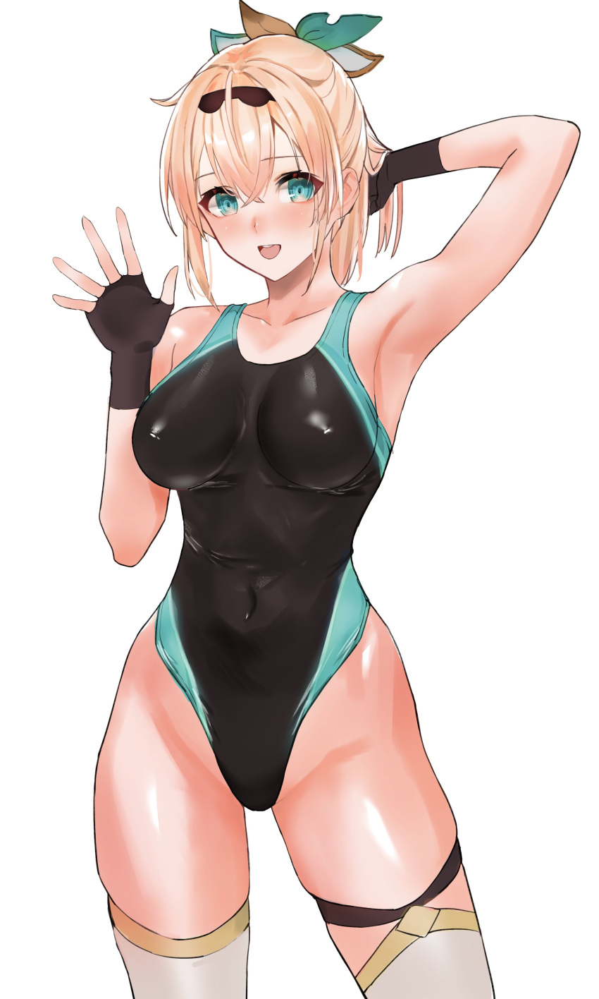 1girl absurdres aqua_eyes arm_behind_head arm_up black_gloves blonde_hair breasts competition_swimsuit covered_nipples fingerless_gloves gloves hair_ornament happy highleg highleg_swimsuit highres hololive kazama_iroha large_breasts navel one-piece_swimsuit open_mouth sawatari_kazuma skin_tight skindentation smile swimsuit thighhighs thighs waving white_legwear