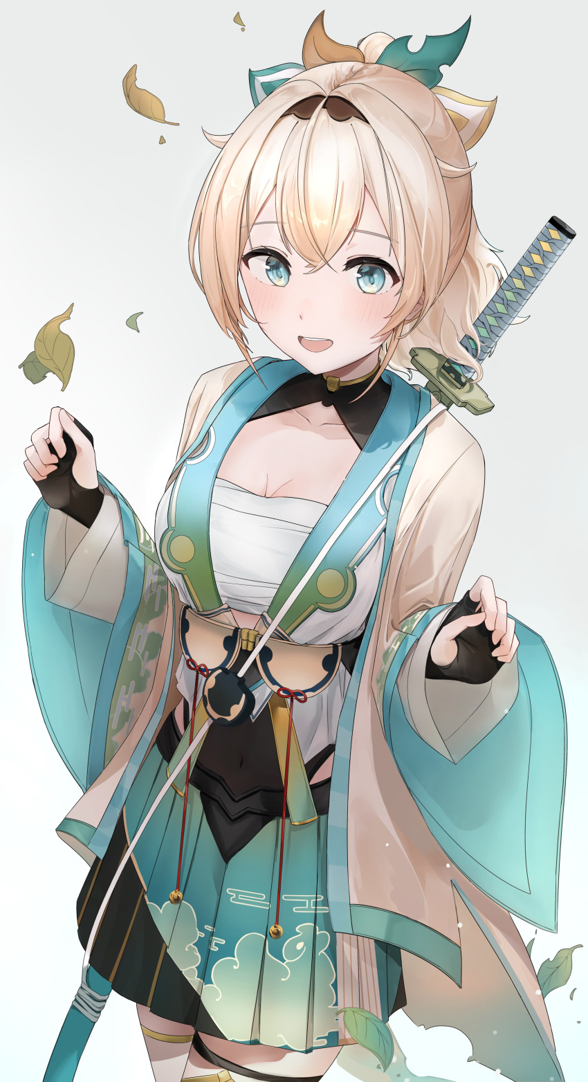 1girl absurdres bangs blonde_hair blue_eyes blue_skirt blush chest_sarashi commentary_request cowboy_shot haori highres hololive japanese_clothes kazama_iroha leaf long_sleeves looking_at_viewer mizo open_mouth pleated_skirt ponytail sarashi sheath sheathed short_hair simple_background skirt smile solo standing sword thighhighs virtual_youtuber weapon weapon_on_back white_background wide_sleeves