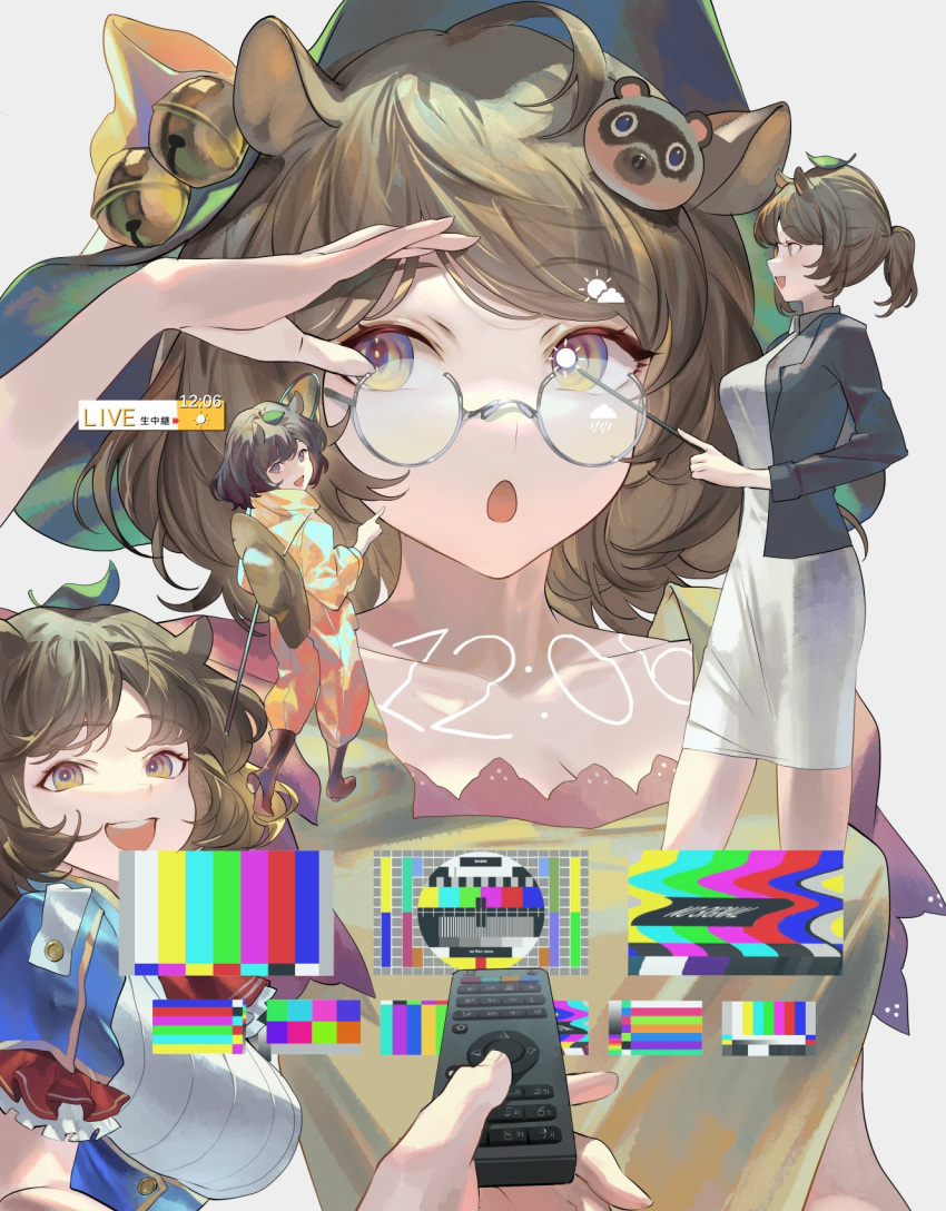 1girl bangs controller eyebrows_visible_through_hair futatsuiwa_mamizou futatsuiwa_mamizou_(human) hair_between_eyes highres hillly_(maiwetea) looking_to_the_side open_mouth remote_control smile solo standing test_card touhou upper_body