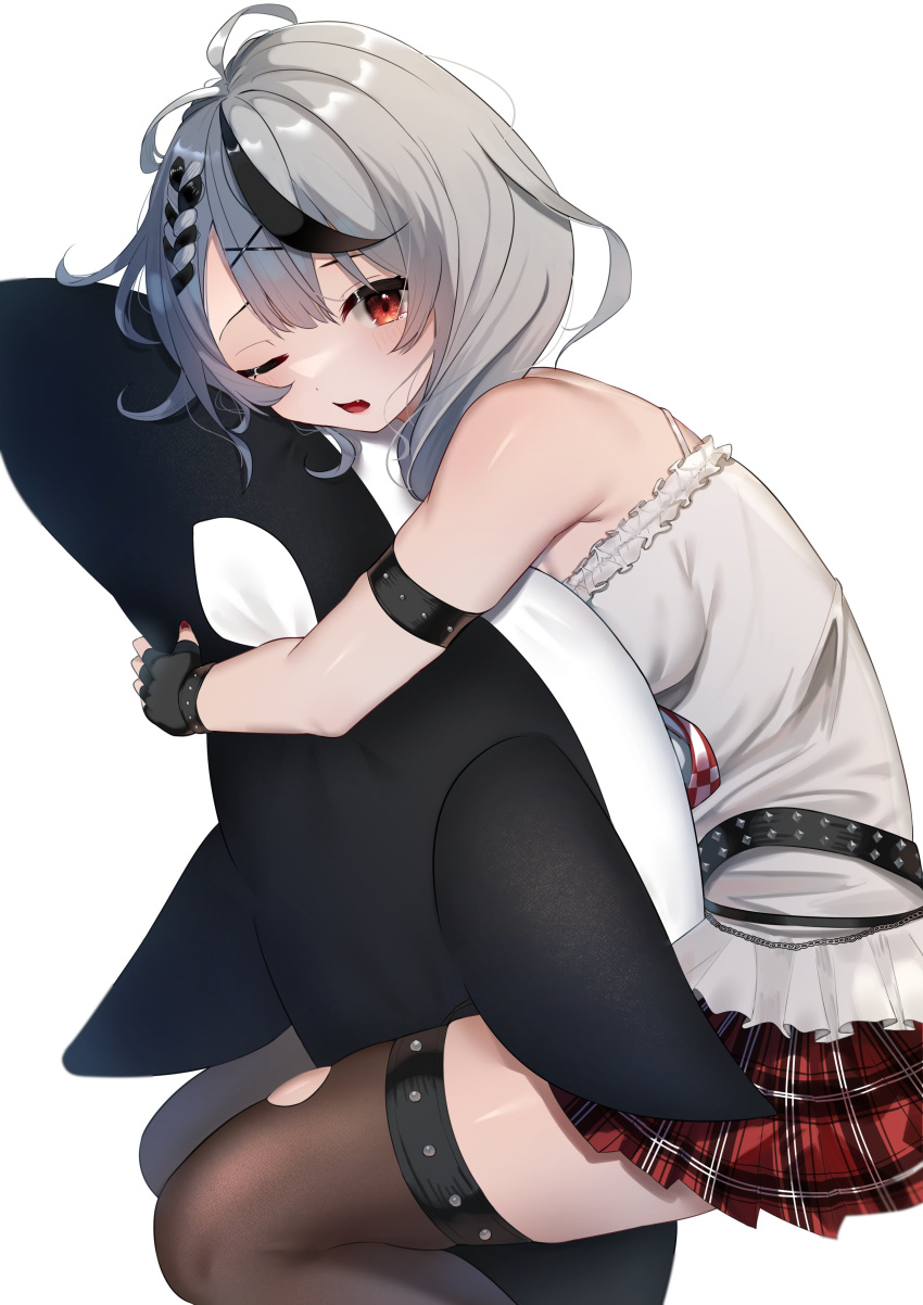 1girl absurdres arm_strap bangs black_gloves black_hair blush braid breasts brown_legwear commentary doll_hug fang feet_out_of_frame fingerless_gloves from_side gloves hair_ornament highres hololive large_breasts looking_at_viewer miniskirt multicolored_hair nail_polish object_hug one_eye_closed open_mouth plaid plaid_skirt pleated_skirt red_eyes red_nails red_skirt sakamata_chloe shirt silver_hair simple_background skirt sleeveless sleeveless_shirt solo streaked_hair stuffed_orca thighhighs thousa_01 torn_clothes torn_legwear virtual_youtuber white_background white_shirt x_hair_ornament