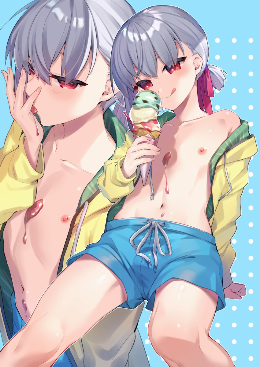 1boy bangs blue_swim_trunks blush citron_82 collarbone eyebrows_visible_through_hair fate/grand_order fate_(series) food genderswap genderswap_(ftm) green_shirt hair_ribbon highres ice_cream ice_cream_cone ice_cream_cone_spill jacket kama_(fate) licking licking_hand licking_lips male_swimwear multiple_views navel nipples no_shirt polka_dot polka_dot_background red_eyes ribbon shirt short_hair short_ponytail silver_hair swim_trunks tongue tongue_out triple_scoop yellow_jacket