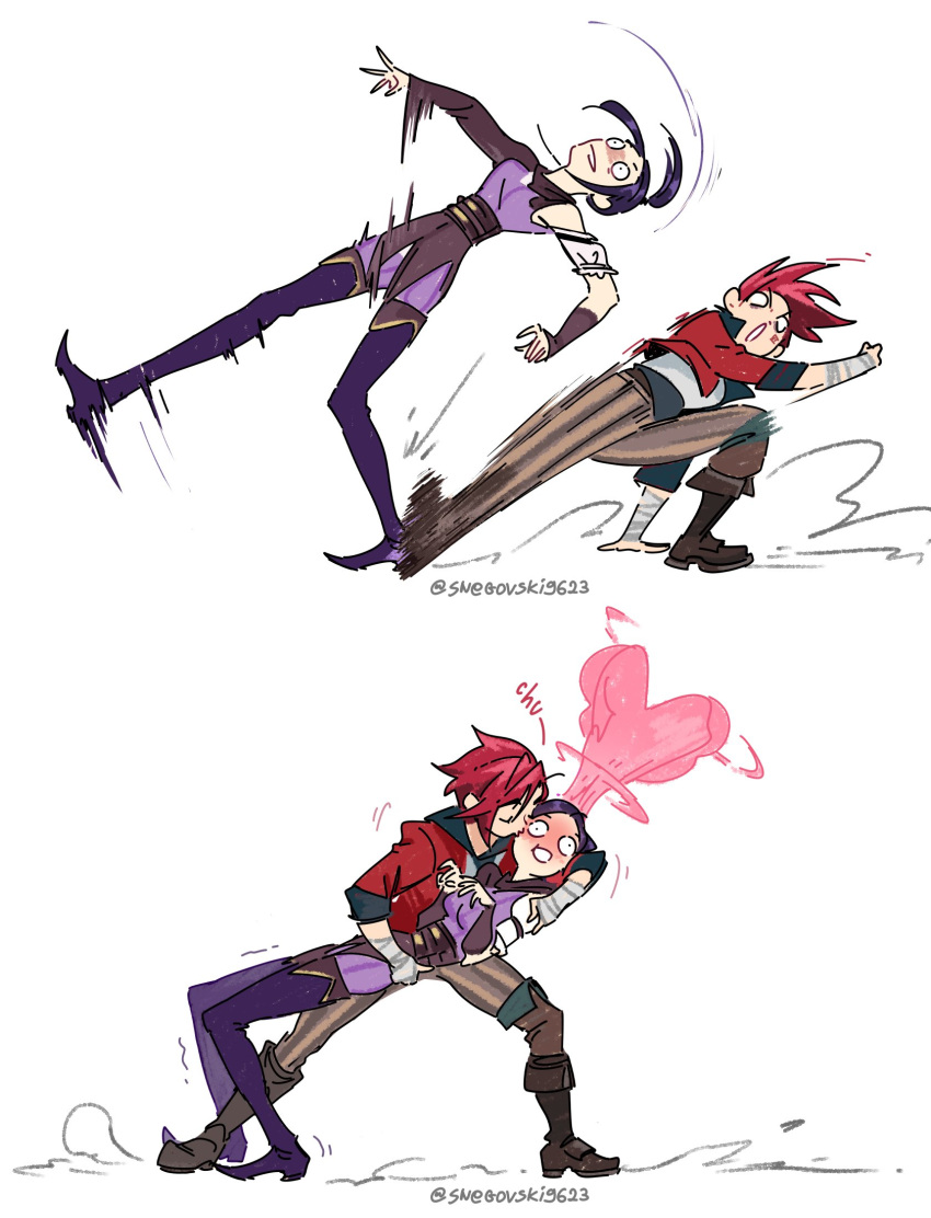 2girls arcane:_league_of_legends bandaged_arm bandages blush boots caitlyn_(league_of_legends) catching high_heels highres jacket kiss kissing_cheek league_of_legends long_hair motion_blur multiple_girls pink_hair ponytail purple_hair red_jacket short_hair snegovski tripping vi_(league_of_legends) yuri