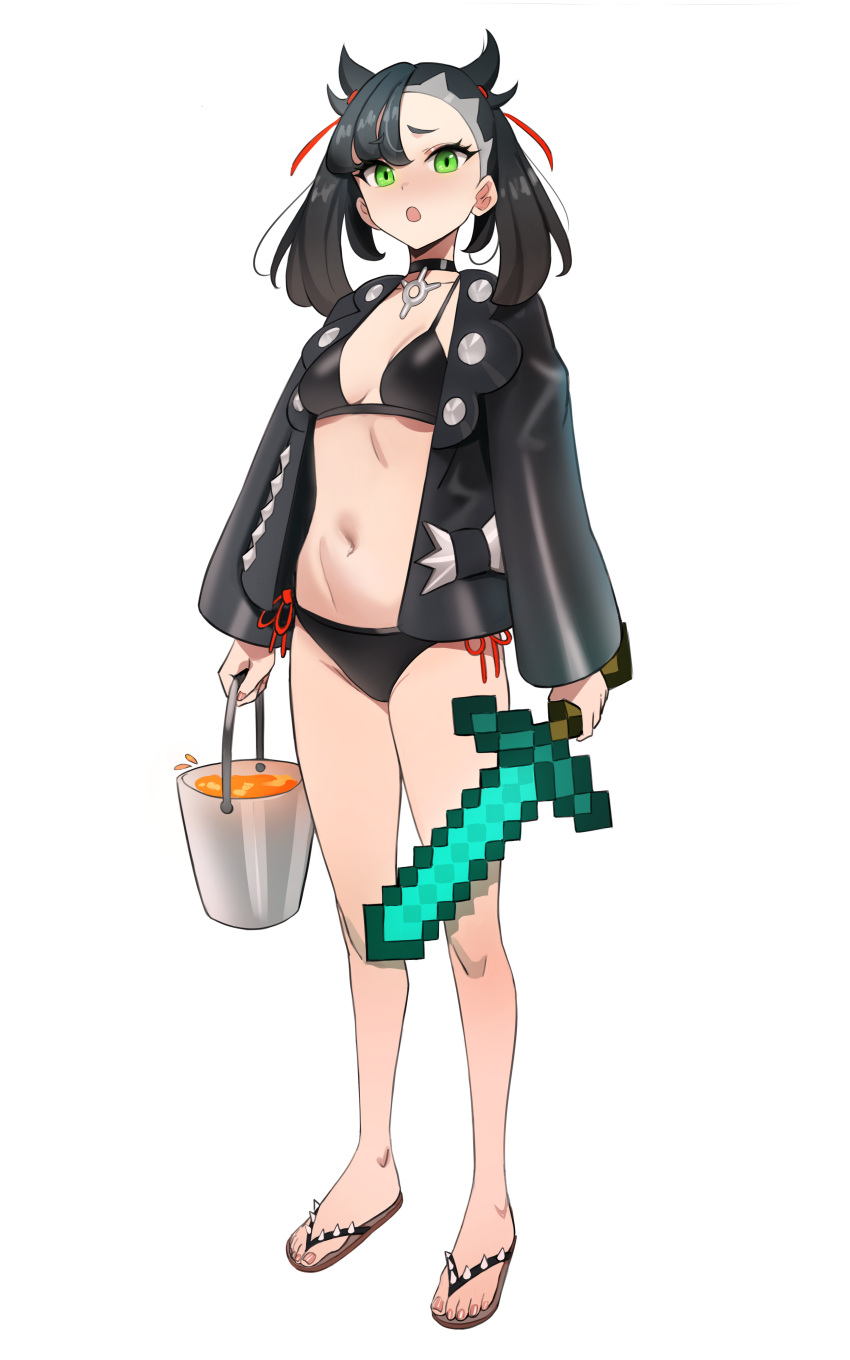 1girl absurdres asymmetrical_bangs asymmetrical_hair bangs bikini black_bikini black_hair breasts bucket choker commentary diamond_sword english_commentary eyebrows_visible_through_hair green_eyes hair_ribbon highres jacket kiritzugu leather leather_jacket looking_at_viewer marnie_(pokemon) minecraft molten_rock open_mouth pendant_choker pokemon pokemon_(game) pokemon_swsh red_ribbon ribbon sandals simple_background small_breasts solo spikes standing swimsuit sword twintails undercut weapon white_background