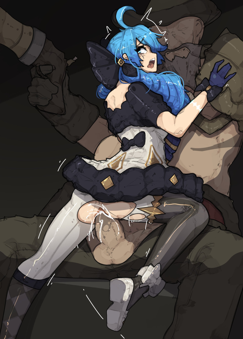 1boy 1girl absurdres ahoge armor ass black_bow black_gloves blue_eyes blue_gloves blue_hair bow brown_headwear brown_pants dress drill_hair english_commentary gangplank_(league_of_legends) gloves gun gwen_(league_of_legends) hair_bow hetero highres holding holding_gun holding_weapon kneehighs league_of_legends long_hair looking_back open_mouth pants pantyhose penis pussy rape sex short_sleeves shoulder_armor shuuko_(s_h_uuko) teeth testicles torn_clothes torn_legwear trembling twintails upper_teeth vaginal weapon white_dress