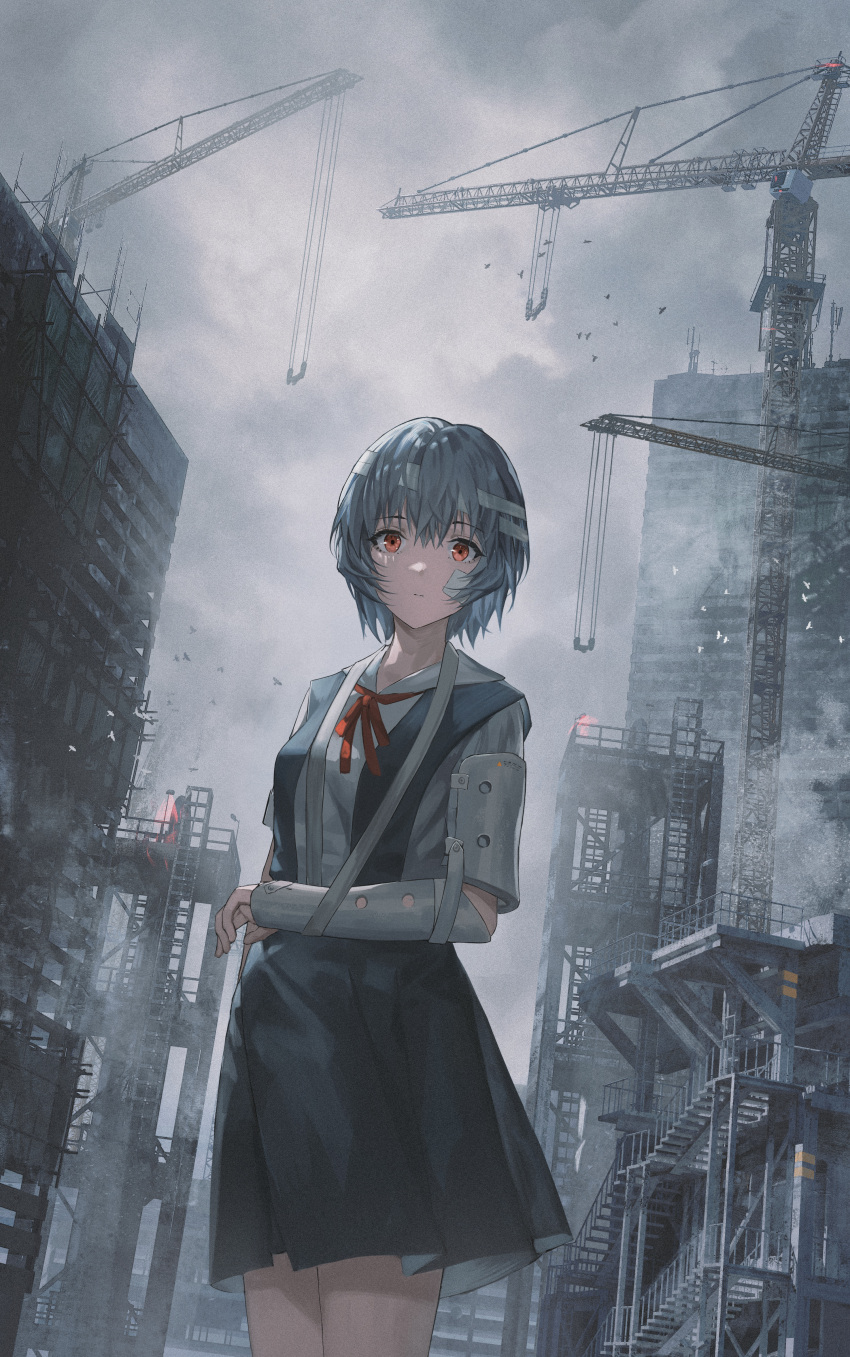 1girl absurdres ayanami_rei bandage_on_face bandaged_head bandages bangs bird blue_dress blue_hair breasts building cast cityscape closed_mouth cloud cloudy_sky cowboy_shot crane_(machine) dress dress_shirt expressionless fog hair_between_eyes highres homutan_(syjg2733) injury looking_at_viewer medium_breasts neck_ribbon neon_genesis_evangelion outdoors pinafore_dress red_eyes red_ribbon ribbon school_uniform shirt short_hair short_sleeves sky sling solo stairs standing tower white_shirt wind
