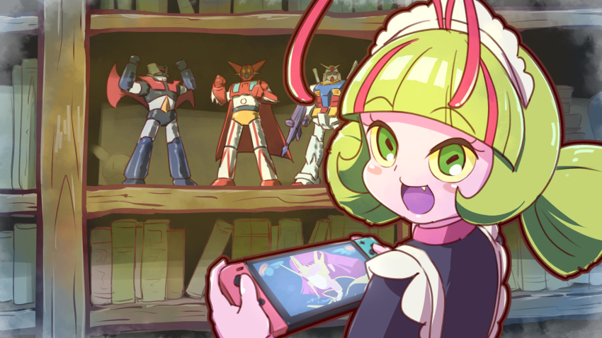 1girl :d antennae apron bangs blunt_bangs bookshelf colored_sclera colored_skin dot_nose elda_(precure) eyebrows_visible_through_hair fang from_behind game_console getter-1 getter_robo getter_robo_(1st_series) green_eyes green_hair gundam gundam_zz haman_karn haro highres looking_at_viewer looking_back maid maid_apron maid_headdress mazinger_(series) mazinger_z mazinger_z_(mecha) mobile_suit_gundam model nintendo_switch pink_skin precure rin_takanashi_glacies rx-78-2 short_twintails sidelocks smile solo super_robot_wars super_robot_wars_30 tropical-rouge!_precure twintails vignetting yellow_sclera