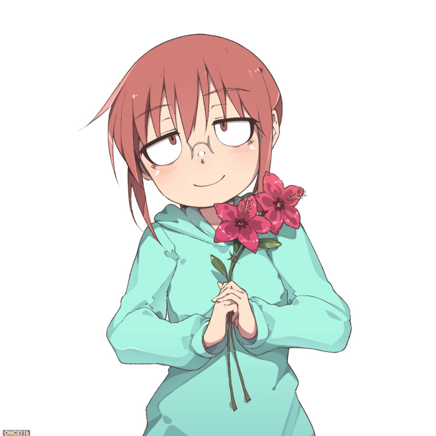 1girl aqua_hoodie bad_id bad_pixiv_id bangs breasts closed_mouth flower glasses head_tilt holding holding_flower kobayashi-san_chi_no_maidragon kobayashi_(maidragon) looking_at_viewer medium_breasts medium_hair once_11h own_hands_together red_eyes red_hair simple_background smile solo standing upper_body white_background