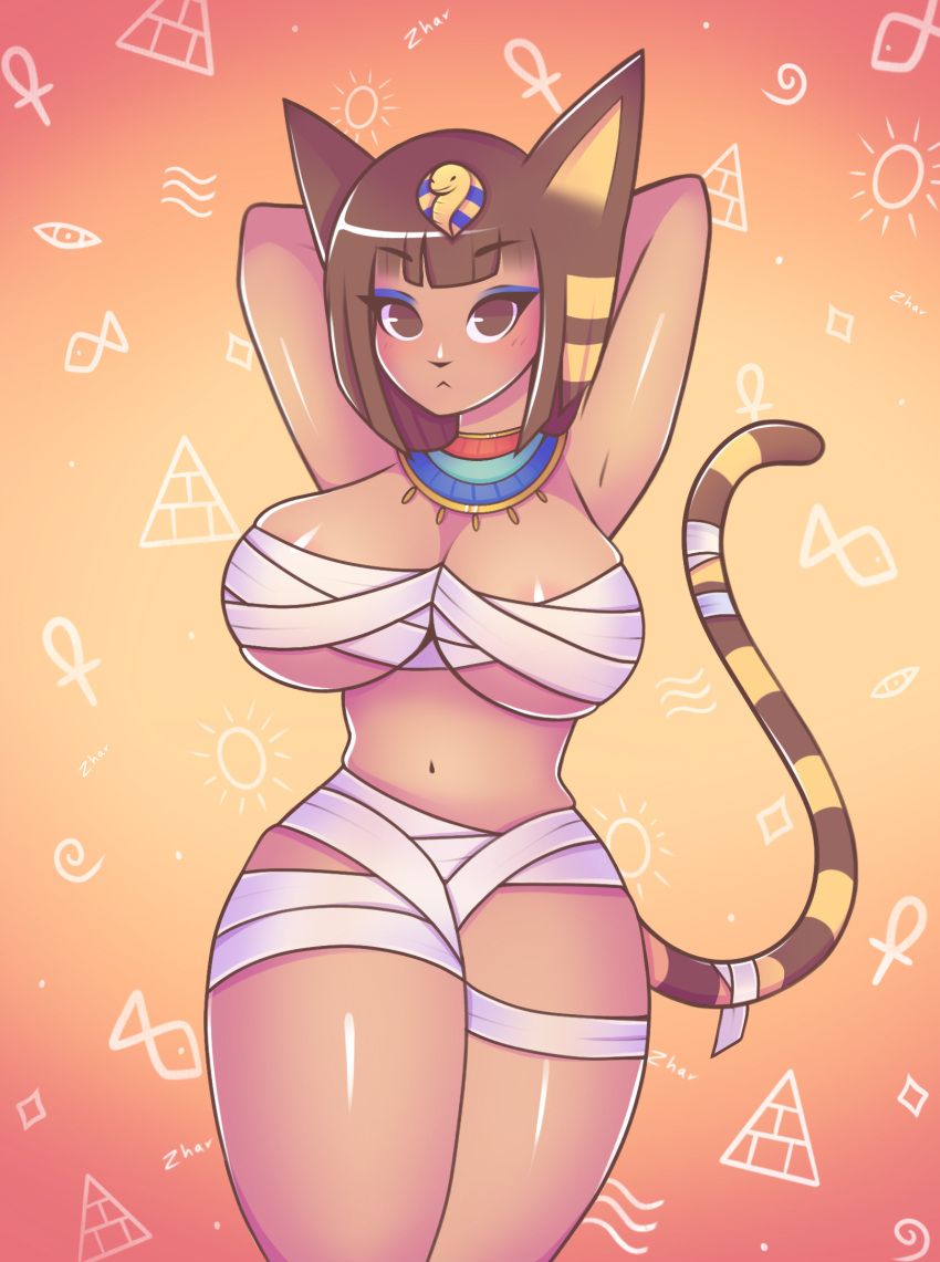 animal animal_crossing animal_ears ankha_(animal_crossing) areola_slip areolae armpits blue_eyes blue_eyeshadow blue_hair blush breasts cat cat_ears cat_girl cat_tail curvy dark-skinned_female dark_skin egyptian egyptian_clothes eyeshadow highres large_breasts makeup mummy mummy_costume procreate_(medium) tail thick_thighs thighs wrapping yellow_background zharxart