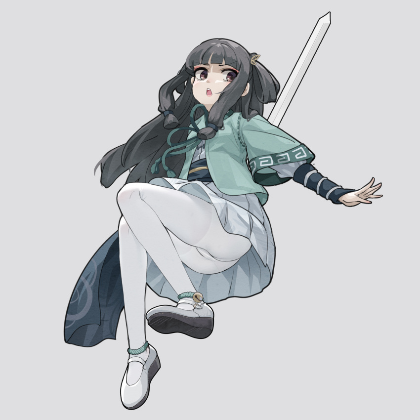 1girl ankle_bell ass bangs bell black_hair brown_eyes eyebrows_visible_through_hair grey_background highres jingle_bell long_hair obi open_clothes open_mouth original outstretched_arm pantyhose pleated_skirt sash shirt shoe_soles shoes short_sleeves simple_background skirt solo sword too-ye v-shaped_eyebrows very_long_hair weapon white_footwear white_legwear white_shirt white_skirt wide_sleeves