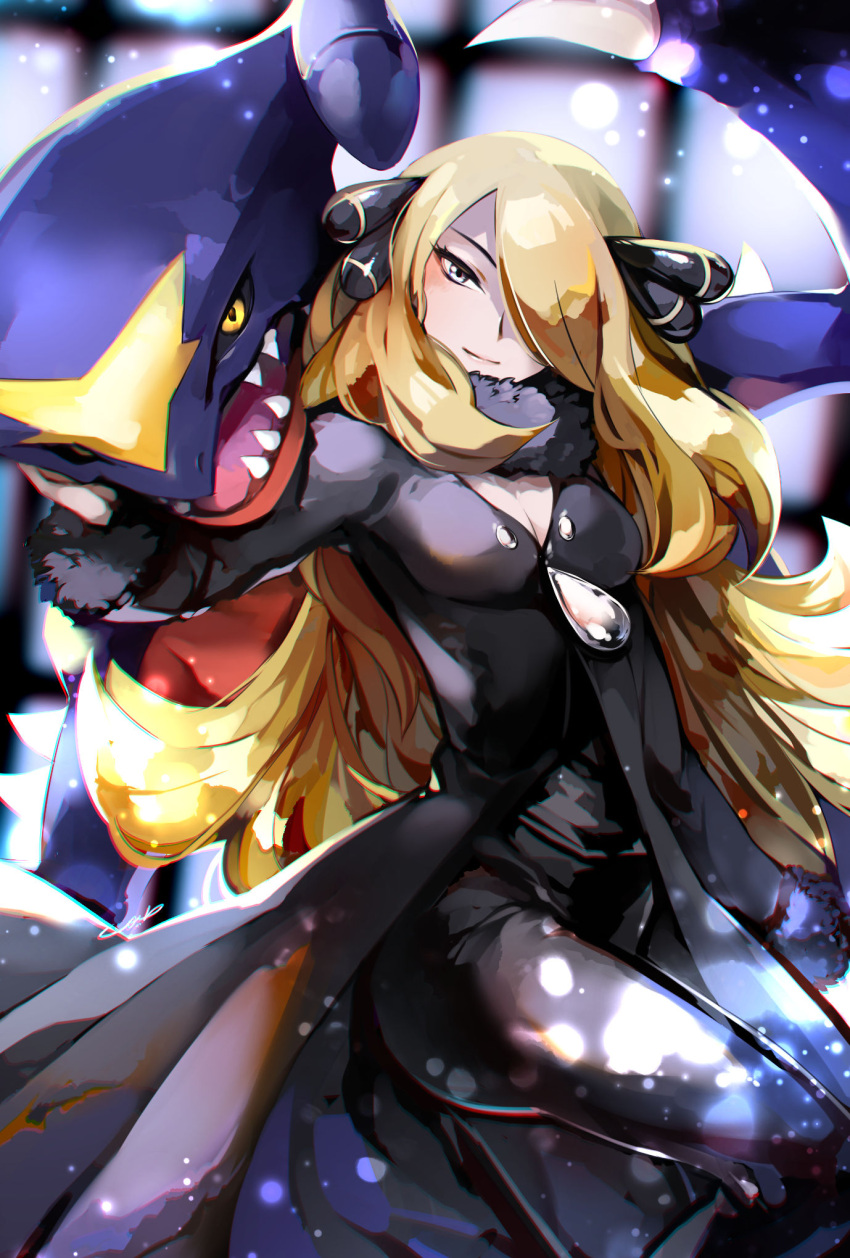 1girl black_coat black_collar black_pants black_shirt blonde_hair breasts cleavage closed_mouth coat collar commentary_request cynthia_(pokemon) eyelashes fur-trimmed_coat fur_collar fur_trim garchomp grey_eyes hair_ornament hair_over_one_eye highres kandori_makoto long_hair looking_at_viewer pants pokemon pokemon_(creature) pokemon_(game) pokemon_dppt shirt smile