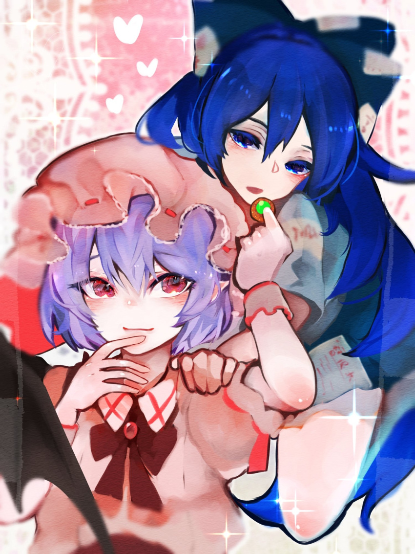 2girls bat_wings blue_eyes blue_hair brooch eating feeding hair_between_eyes hat heart highres jewelry late_(late327) long_hair looking_at_another mob_cap multiple_girls purple_hair remilia_scarlet short_hair sparkle touhou very_long_hair wings yorigami_shion