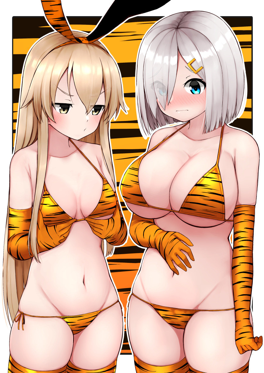 2girls absurdres animal_ears animal_print bikini blonde_hair blue_eyes blush breast_envy breasts cleavage elbow_gloves eyebrows_visible_through_hair eyes_visible_through_hair fake_animal_ears gloves grey_eyes hair_ornament hairclip hamakaze_(kancolle) hand_on_own_stomach hands_on_own_chest highres kantai_collection large_breasts long_hair multiple_girls orange_bikini shimakaze_(kancolle) short_hair silver_hair small_breasts string_bikini swimsuit thighhighs tiemu_(man190) tiger_print