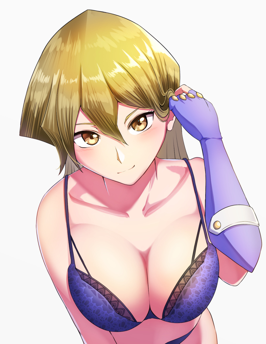 1girl adjusting_hair blonde_hair bra breasts cleavage closed_mouth fingerless_gloves gloves highres large_breasts long_hair looking_at_viewer r2pi shiny shiny_hair simple_background smile solo tenjouin_asuka underwear yellow_eyes yu-gi-oh! yu-gi-oh!_gx