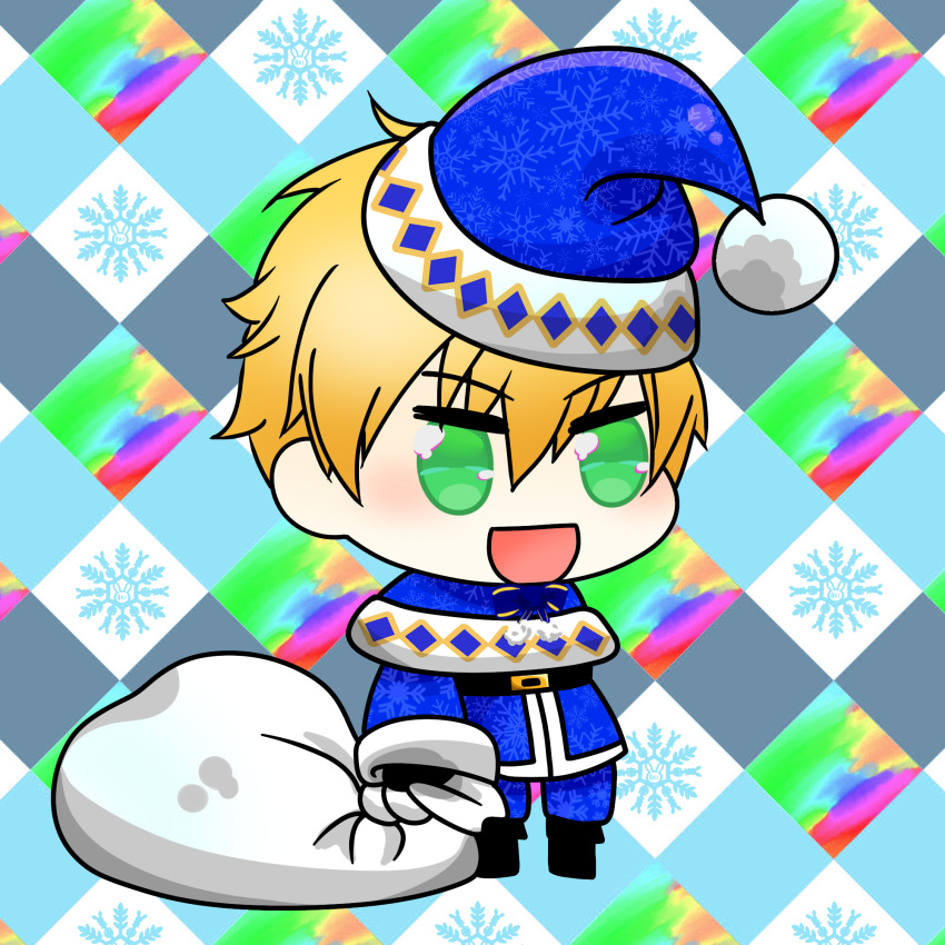 1boy :d aki_usagi alternate_costume arthur_pendragon_(fate) blonde_hair blue_headwear blush chibi christmas fate/grand_order fate_(series) fur-trimmed_jacket fur_trim gift_bag green_eyes hat highres holding holding_sack jacket long_sleeves male_focus meme padoru_(meme) pants sack santa_costume santa_hat smile solo