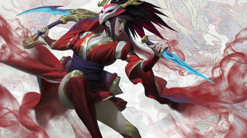 1girl absurdres action akali akali_(legacy) alternate_costume antlers arm_guards bangs black_hair blood_moon_akali blunt_bangs breasts commentary dragon dual_wielding eastern_dragon english_commentary eyeliner feet_out_of_frame highres holding holding_sword holding_weapon japanese_clothes jumping kama_(weapon) kimono league_of_legends lips long_hair long_sleeves looking_away makeup mask mask_on_head multicolored_hair obi parted_lips profile red_hair red_kimono red_legwear red_lips reverse_grip ribbon-trimmed_sleeves ribbon_trim sash short_kimono short_sword sickle sidelocks smoke solo streaked_hair sword thighhighs weapon white_background wide_sleeves zeenchin