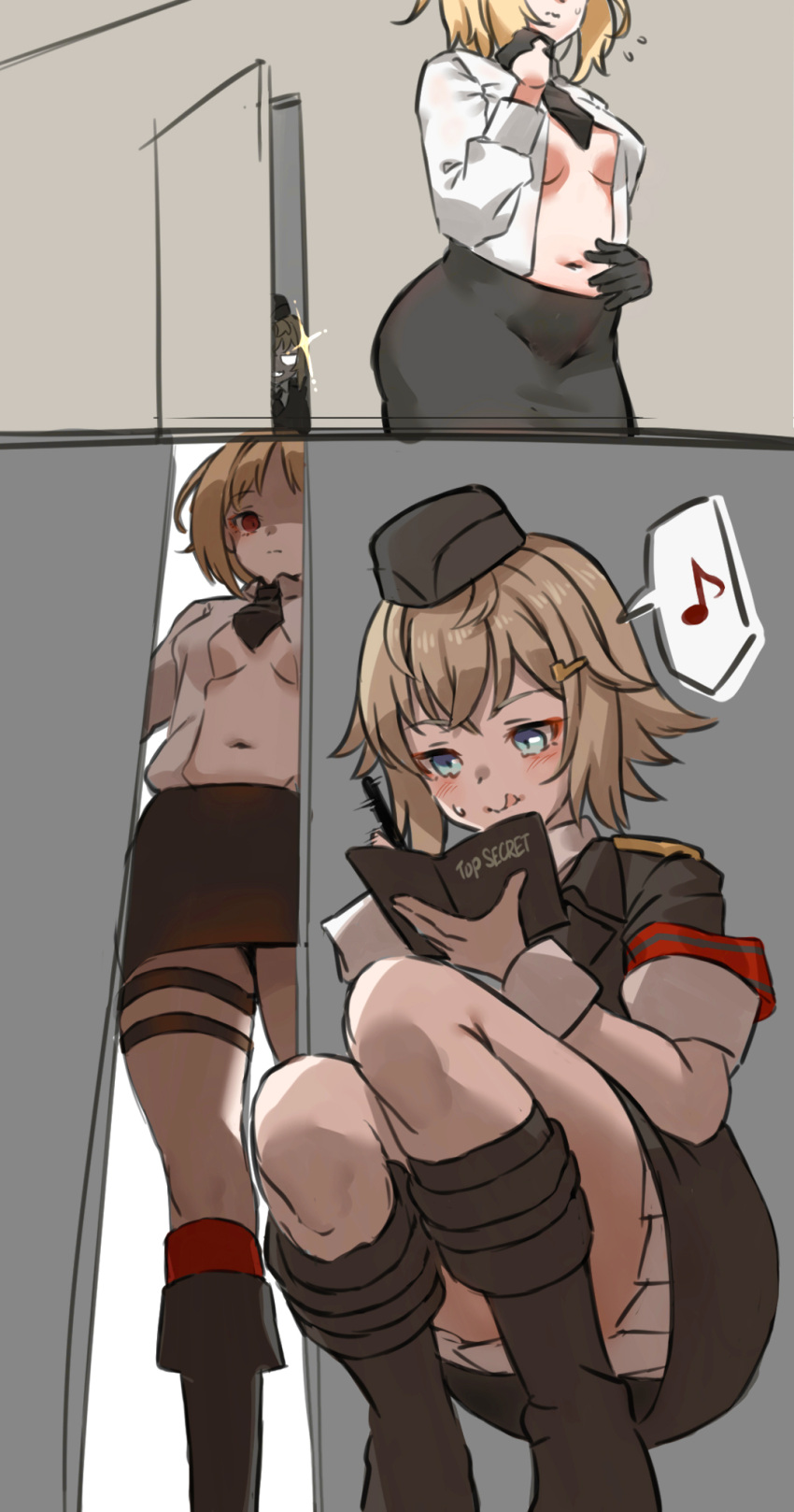 2girls :q black_headwear black_skirt blonde_hair blue_eyes breasts closed_mouth eighth_note garrison_cap girls'_frontline hat highres holding holding_pencil licking_lips medium_breasts military military_hat military_uniform mp40_(girls'_frontline) mp41_(girls'_frontline) multiple_girls musical_note navel notebook open_clothes open_shirt pencil red_eyes shaded_face shirt short_hair skirt smile speech_bubble spoken_musical_note squatting sweatdrop thigh_strap tongue tongue_out toryu_fufu uniform wehrmacht white_shirt writing