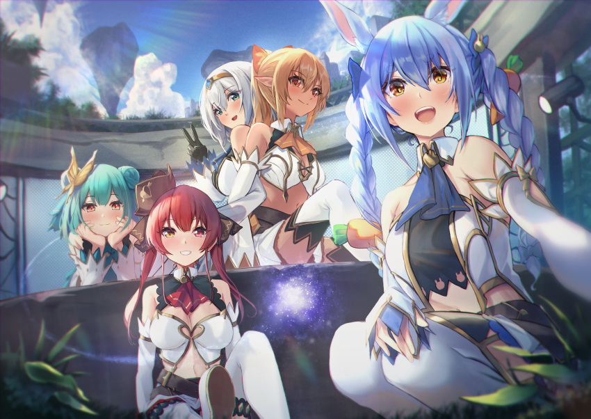 5girls :d anemone_noa animal_ears ascot bangs bare_shoulders black_gloves black_headwear black_ribbon blonde_hair blue_ascot blue_eyes blue_hair blue_sky braid breasts bunny-shaped_pupils butterfly_hair_ornament carrot_hair_ornament closed_mouth cloud commentary_request crop_top dark-skinned_female dark_skin day detached_collar detached_sleeves double_bun elf extra_ears eyebrows_visible_through_hair food-themed_hair_ornament gloves green_hair grin hair_between_eyes hair_ornament hair_ribbon hand_on_own_knee hands_on_own_cheeks hands_on_own_face hat head_rest heterochromia highres hololive hololive_fantasy houshou_marine large_breasts locked_arms long_hair long_sleeves medium_breasts multiple_girls open_mouth orange_ascot outdoors pointy_ears ponytail rabbit_ears red_ascot red_eyes red_hair ribbon shiranui_flare shirogane_noel short_eyebrows short_hair silver_hair sitting sky smile squatting symbol-shaped_pupils thick_eyebrows thighhighs tiara tilted_headwear twin_braids twintails uruha_rushia usada_pekora v virtual_youtuber white_footwear white_legwear yellow_eyes