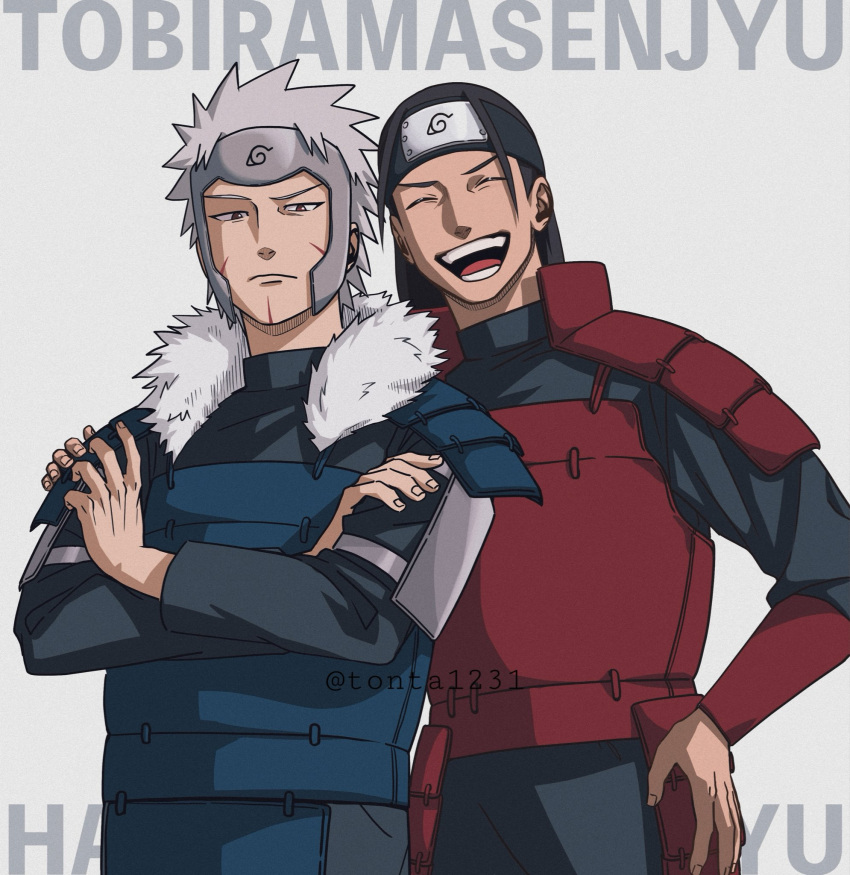 2boys armor black_hair brothers cowboy_shot crossed_arms facial_mark forehead_protector fur_trim highres japanese_armor long_hair looking_at_viewer male_focus multiple_boys naruto naruto_(series) ninja senju_hashirama senju_tobirama short_hair siblings spiked_hair tonta_(tonta1231) upper_body white_hair