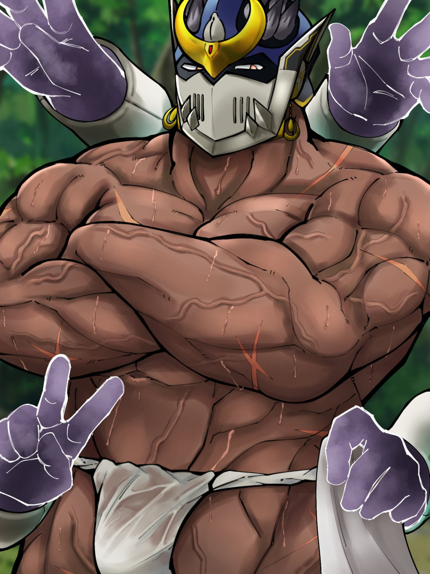 1boy abs bara bulge crossed_arms dark-skinned_male dark_skin disembodied_hand ear_piercing extra_arms fundoshi helmet highres japanese_clothes looking_at_viewer male_focus male_swimwear muscular muscular_male navel pectoral_lift pectorals piercing pontaro revision see-through shiva_(housamo) solo telekinesis thick_thighs thighs tokyo_afterschool_summoners topless_male umbrakinesis veins wet wet_clothes wet_fundoshi white_male_swimwear