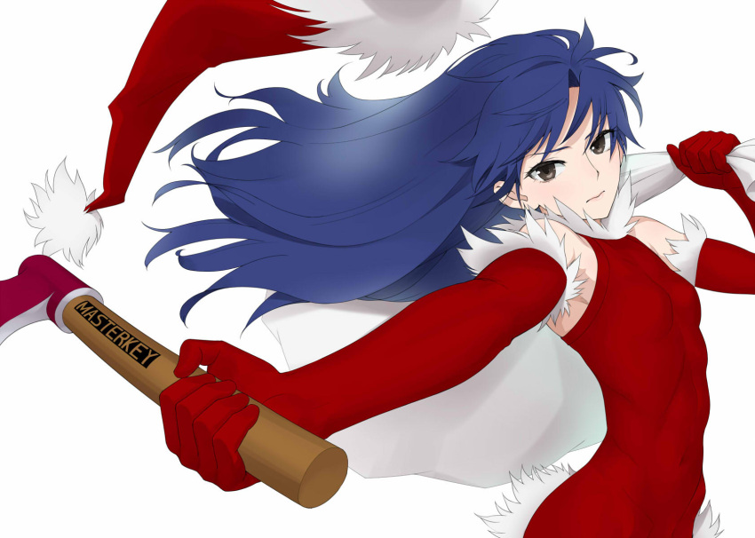 1girl axe bangs black_eyes blue_hair christmas closed_mouth commentary dress english_text foreshortening fur-trimmed_dress fur-trimmed_gloves fur_trim gloves halterneck hat hat_removed headwear_removed highres holding holding_axe holding_sack idolmaster idolmaster_(classic) kisaragi_chihaya light_frown long_hair looking_at_viewer over_shoulder red_dress red_gloves red_headwear sack santa_dress santa_hat short_dress simple_background solo wata_do_chinkuru white_background wind