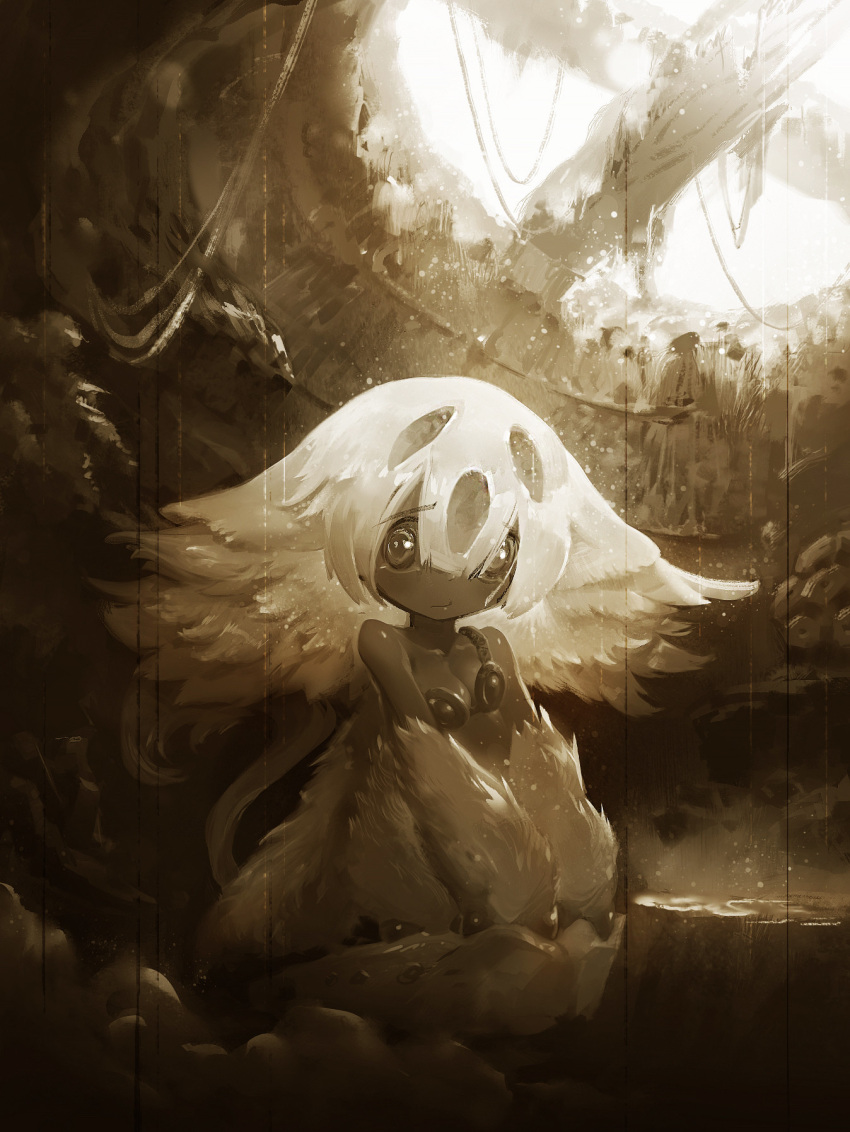 1girl breasts brown_theme claws cleavage dark-skinned_female dark_skin extra_arms faputa fewer_digits goggles goggles_around_breasts greyscale highres indoors looking_at_viewer made_in_abyss monochrome monster_girl round_window sad sitting solo wariza white_hair window ying_yi