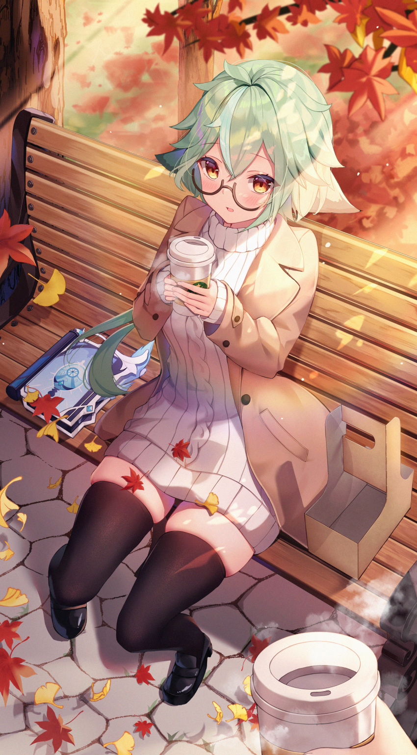 1girl 1other absurdres alternate_costume antenna_hair autumn autumn_leaves bench bitseon black_legwear blush book brown-framed_eyewear brown_coat casual coat cup day disposable_cup dress falling_leaves from_above full_body genshin_impact ginkgo_leaf glasses green_hair highres holding holding_cup leaf light_rays long_sleeves looking_at_viewer looking_up maple_leaf multicolored_hair on_bench open_clothes open_coat outdoors park_bench parted_lips pov red_eyes semi-rimless_eyewear short_hair sitting skindentation sleeves_past_wrists starbucks streaked_hair sucrose_(genshin_impact) sunbeam sunlight sweater sweater_dress thighhighs thighs two-handed two-tone_hair under-rim_eyewear white_dress white_hair white_sweater zettai_ryouiki