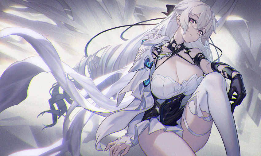 1girl bangs black_gloves breasts bronya_zaychik cleavage commentary_request crossed_bangs drill_hair gloves grey_eyes hair_between_eyes highres honkai_(series) honkai_impact_3rd large_breasts long_hair looking_at_viewer madyy red_pupils single_glove single_thighhigh sitting solo thighhighs twin_drills white_hair white_legwear