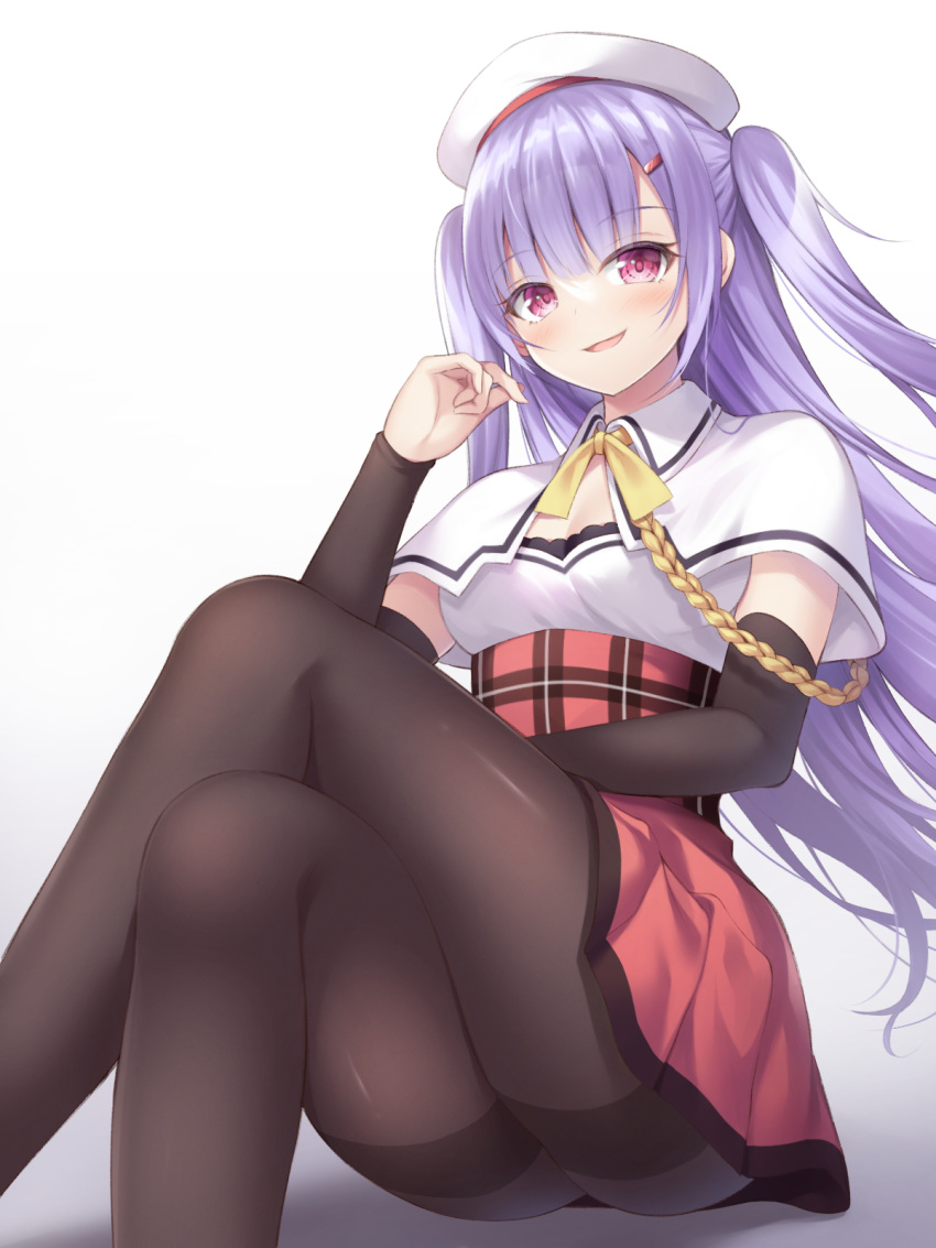 1girl ajax_(azur_lane) azur_lane beret black_legwear bow capelet detached_sleeves eyebrows_visible_through_hair gradient gradient_background hat high-waist_skirt highres long_hair long_sleeves pantyhose pink_eyes purple_hair red_skirt sakuba_nao shadow sitting skirt solo two_side_up white_background white_capelet white_headwear yellow_bow