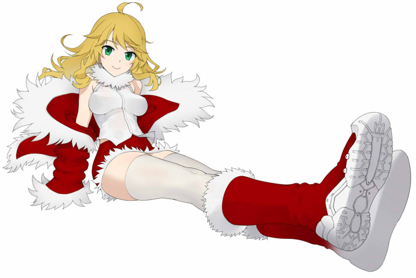 1girl ahoge bangs blonde_hair blouse boots breasts christmas closed_mouth coat commentary foreshortening fur-trimmed_coat fur-trimmed_footwear fur-trimmed_shorts fur_collar fur_trim green_eyes halterneck hoshii_miki idolmaster idolmaster_(classic) knee_boots long_hair looking_at_viewer medium_breasts off_shoulder red_coat red_footwear red_shorts santa_boots shoe_soles short_shorts shorts simple_background sitting smile solo thighhighs wata_do_chinkuru white_background white_blouse white_legwear