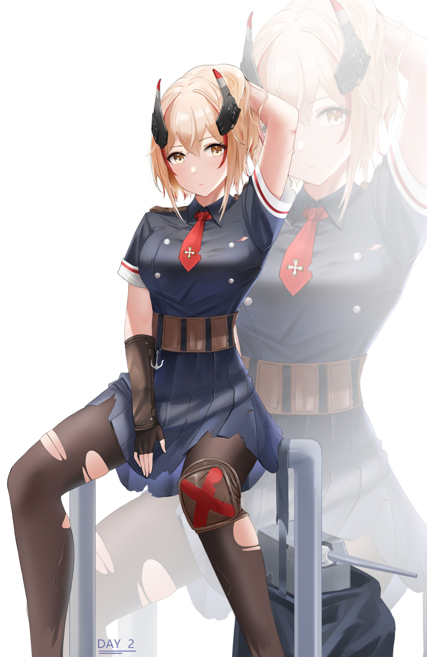 1girl absurdres arm_behind_head azur_lane black_shirt blonde_hair blush breasts hair_ornament highres knee_pads large_breasts light_frown looking_at_viewer multicolored_hair necktie official_alternate_costume pantyhose qing_wu red_hair red_necktie roon_(azur_lane) shirt short_necktie short_sleeves single_knee_pad sitting skirt solo streaked_hair torn_clothes torn_legwear torn_necktie torn_shirt torn_skirt turret two-tone_hair white_background yellow_eyes zoom_layer