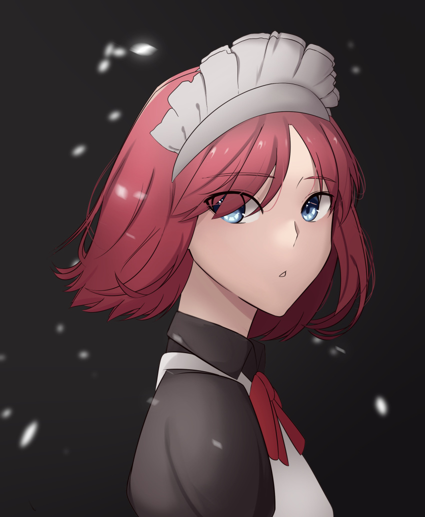 1girl absurdres apron black_background blue_eyes code_nt from_side highres hisui_(tsukihime) looking_at_viewer maid_apron maid_headdress neck_ribbon open_mouth red_hair red_ribbon ribbon short_hair solo tsukihime upper_body white_headdress