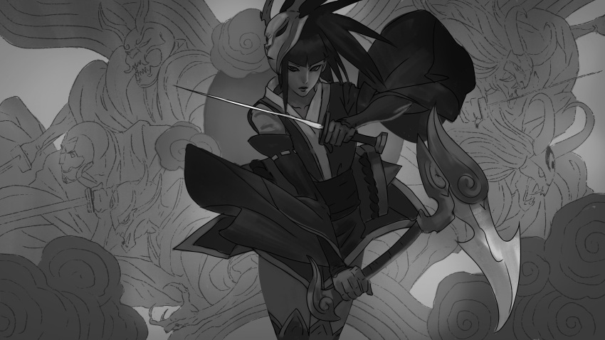 1girl absurdres akali akali_(legacy) alternate_costume antlers arm_guards bangs blood_moon_akali blunt_bangs commentary cowboy_shot dual_wielding english_commentary eyeliner fighting_stance greyscale highres holding holding_sword holding_weapon japanese_clothes kama_(weapon) kimono league_of_legends legs_together lips long_hair long_sleeves looking_at_viewer makeup mask mask_on_head monochrome obi ponytail ribbon-trimmed_sleeves ribbon_trim sash short_kimono short_sword sickle sidelocks sketch solo_focus sword thighhighs weapon wide_sleeves zeenchin