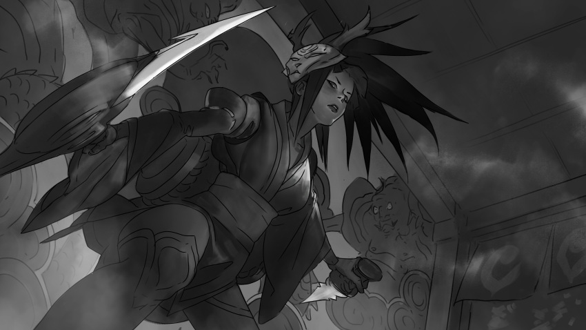 1girl absurdres akali akali_(legacy) alternate_costume antlers arm_guards bangs blood_moon_akali blunt_bangs ceiling commentary doorway dual_wielding english_commentary eyeliner feet_out_of_frame fighting_stance from_below greyscale highres holding holding_sword holding_weapon japanese_clothes kama_(weapon) kimono league_of_legends lips long_hair long_sleeves makeup mask mask_on_head monochrome noren obi outstretched_arms parted_lips reverse_grip ribbon-trimmed_sleeves ribbon_trim sash short_kimono short_sword sickle sketch smoke solo_focus squatting sword thighhighs weapon wide_sleeves zeenchin