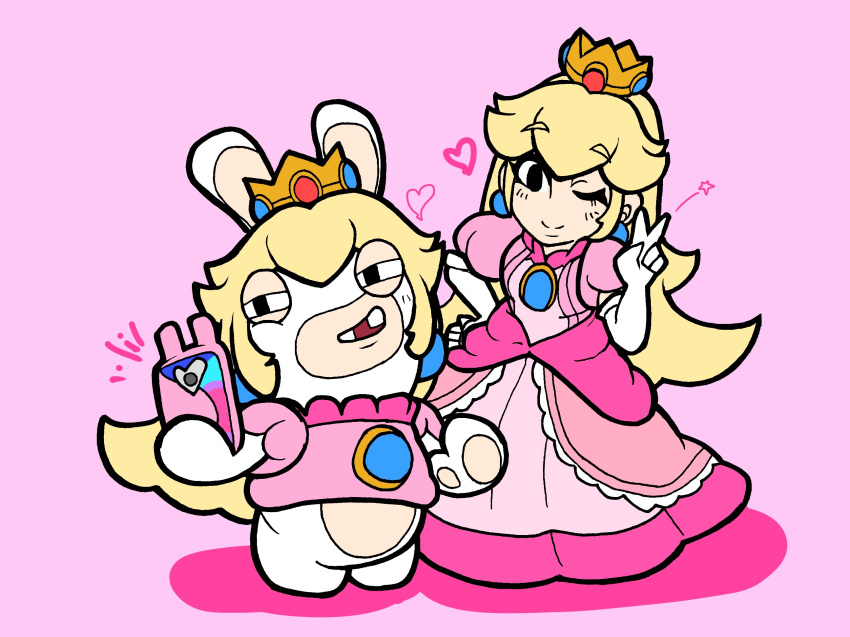 2girls blonde_hair charisuke crossover dress highres mario_(series) mario_+_rabbids_kingdom_battle multiple_girls phone pink_dress princess_peach rabbid rabbid_peach raving_rabbids