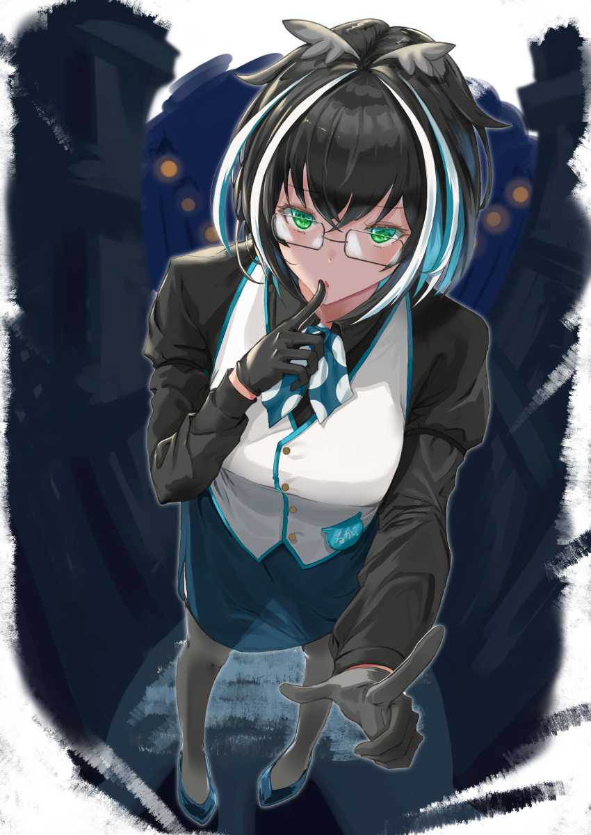 1girl absurdres animare bangs black_gloves black_hair black_shirt blue_hair blue_neckerchief blue_skirt clothes_grab eyebrows_visible_through_hair finger_to_mouth foreshortening from_above full_body gloves green_eyes highres index_finger_raised looking_at_viewer multicolored_hair neckerchief oura_rukako parted_hair pencil_skirt polka_dot_neckerchief sankyo_(821-scoville) shirt shoes shushing side_slit skirt sleeve_grab solo streaked_hair thighhighs vest virtual_youtuber white_hair white_vest