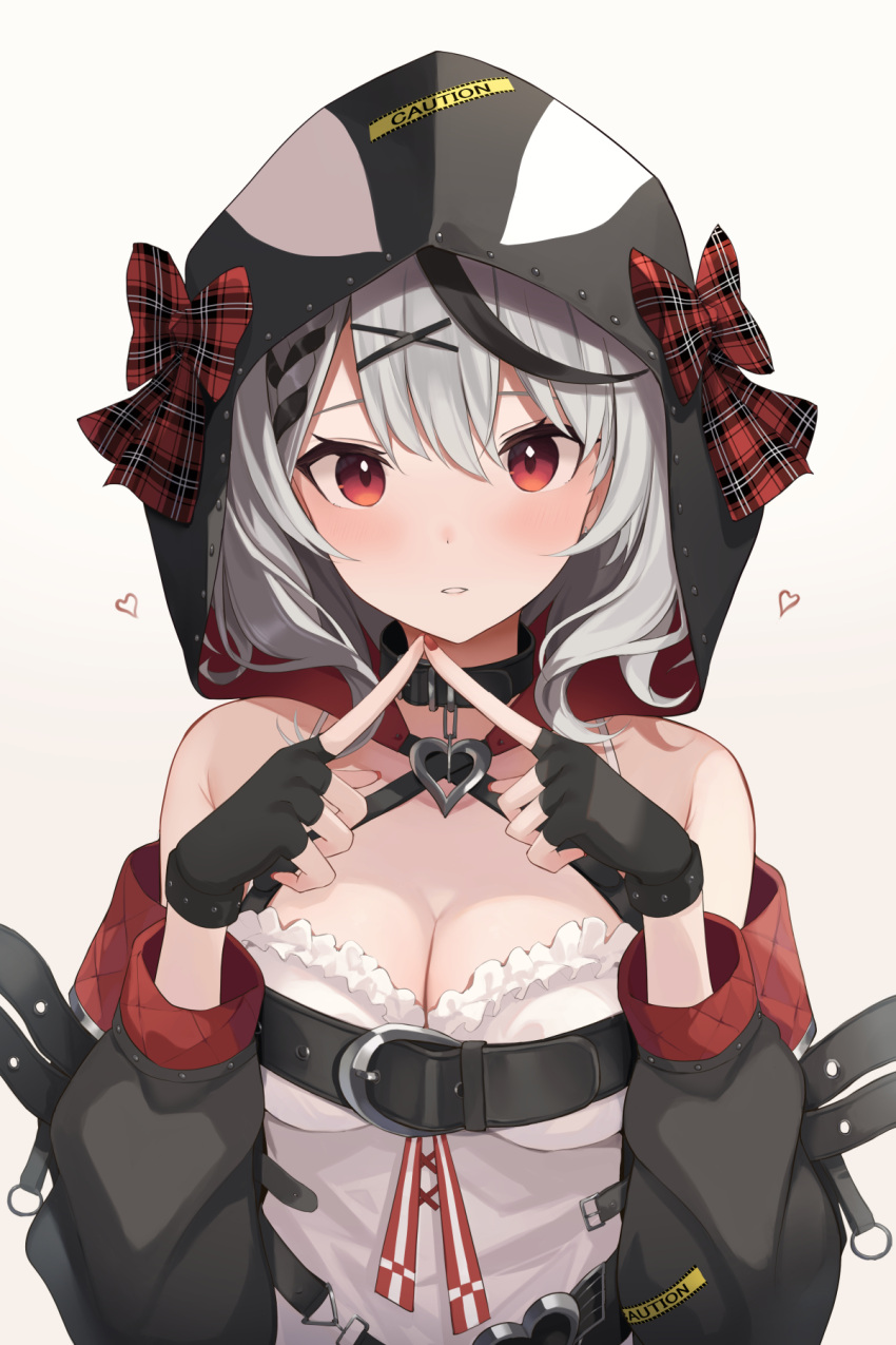 1girl bangs black_collar black_gloves black_hair black_jacket bow braid breasts camisole cleavage collar commentary_request eyebrows_behind_hair fingerless_gloves fingers_together frilled_camisole frills gloves grey_background grey_hair hair_between_eyes hair_ornament hairclip hands_up heart highres hololive hood hood_up jacket long_sleeves medium_breasts mizu_(lzzrwi603) multicolored_hair nail_polish off-shoulder_jacket off_shoulder parted_lips plaid plaid_bow puffy_long_sleeves puffy_sleeves red_bow red_eyes red_nails sakamata_chloe simple_background solo streaked_hair upper_body virtual_youtuber white_camisole x_hair_ornament