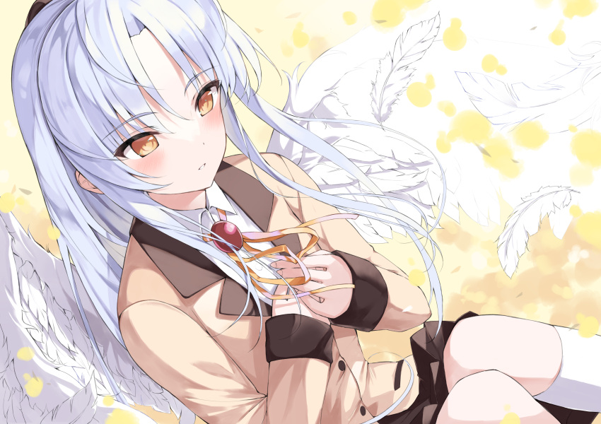 1girl absurdres angel_beats! angel_wings beige_jacket blazer blush brown_skirt collared_shirt feathered_wings grin hands_on_own_chest hands_up happy highres jacket kneehighs knees_together_feet_apart knees_up long_hair looking_at_viewer marie_(pixiv31942978) miniskirt own_hands_together parted_lips partially_unbuttoned pleated_skirt school_uniform shirt silver_hair skirt smile solo tenshi_(angel_beats!) very_long_hair white_legwear white_shirt white_wings wings yellow_eyes