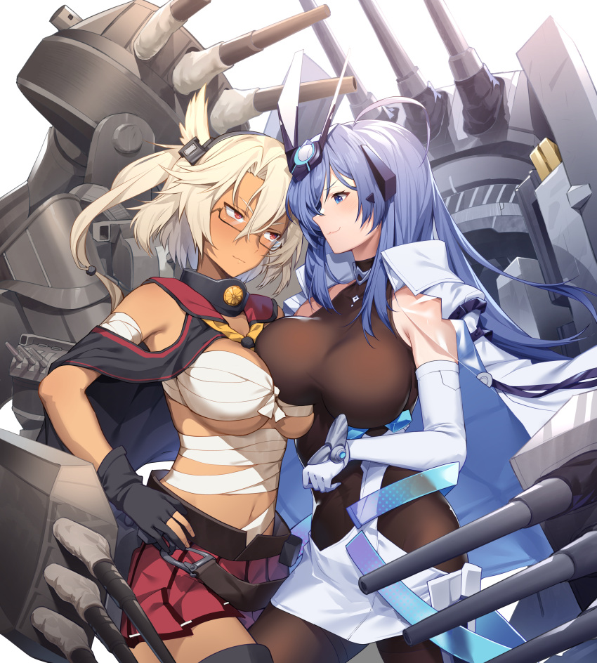 2girls :3 absurdres ahoge asymmetrical_docking azur_lane bangs bare_shoulders black_gloves black_legwear blue_eyes blue_hair blush bodystocking breast_press breasts budget_sarashi cannon capelet cleavage closed_mouth coat coat_on_shoulders collar commission confrontation cowboy_shot crossover dark-skinned_female dark_skin dress elbow_gloves english_commentary face-to-face glasses gloves grey-framed_eyewear hair_between_eyes hand_on_hip headgear highres kantai_collection large_breasts long_hair machinery midriff miniskirt multiple_girls musashi_(kancolle) navel neckerchief new_jersey_(azur_lane) partially_fingerless_gloves pleated_skirt pointy_hair rectangular_eyewear red_eyes red_skirt rigging rivals sakuramon sarashi second-party_source semi-rimless_eyewear shinidei side_cutout sidelocks simple_background skirt smile standing thighhighs turret two_side_up underboob very_long_hair white_background white_coat white_dress white_gloves yellow_neckerchief zettai_ryouiki