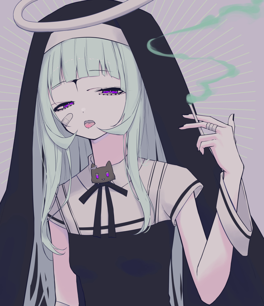 1girl absurdres bandaged_fingers bandages bandaid bandaid_on_face bangs black_dress black_nails black_ribbon blunt_bangs breasts cigarette commentary_request dress eyebrows_visible_through_hair god-ish_(vocaloid) habit halo highres hikap holding holding_cigarette hololive long_hair looking_at_viewer murasaki_shion neck_ribbon nun open_mouth purple_eyes ribbon shiokko_(murasaki_shion) short_sleeves silver_hair small_breasts smoke solo thighhighs tongue veil virtual_youtuber vocaloid