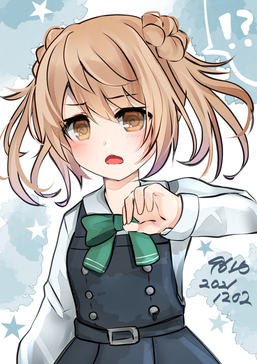 !? 1girl bamboo_shoot bow bowtie chestnut_mouth commentary_request dated double_bun dress eiji_(monochromexd) green_bow green_bowtie highres kantai_collection light_brown_hair long_hair long_sleeves looking_at_viewer michishio_(kancolle) one-hour_drawing_challenge pinafore_dress remodel_(kantai_collection) shirt short_twintails solo twintails white_shirt